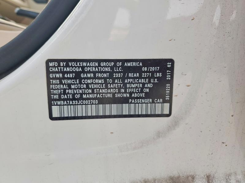58611446 :رقم المزاد ، 1VWBA7A33JC002703 vin ، 2018 Volkswagen Passat مزاد بيع