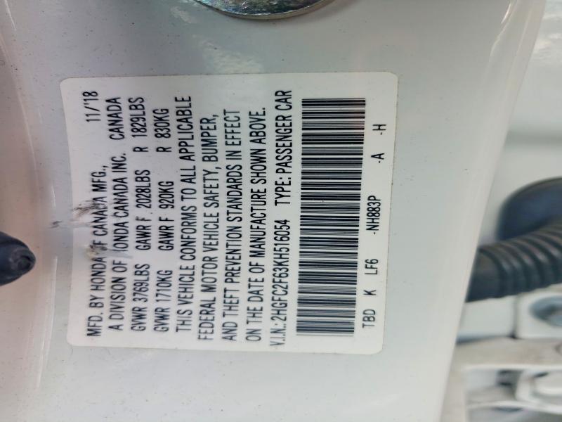 58694626 :رقم المزاد ، 2HGFC2F63KH516054 vin ، 2019 Honda Civic مزاد بيع