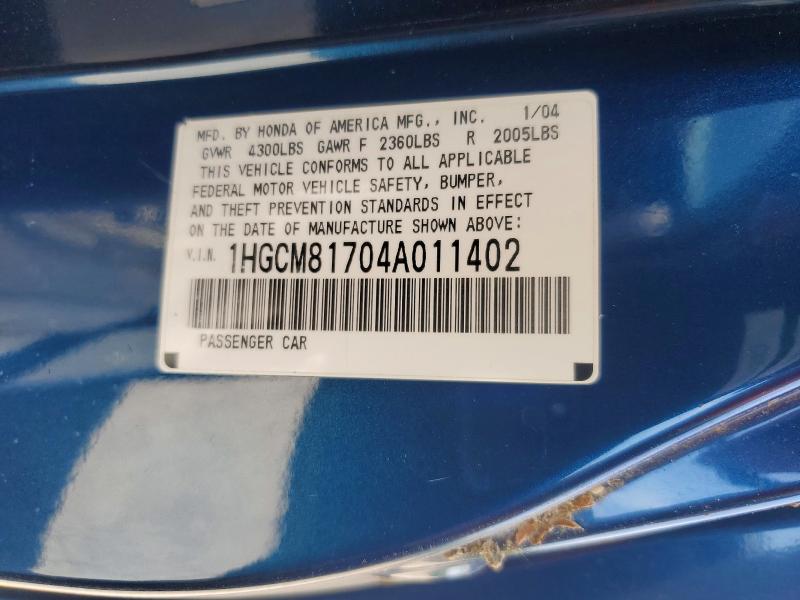 Продаж на аукціоні авто 2004 Honda Accord, vin: 1HGCM81704A011402, номер лоту: 56225146