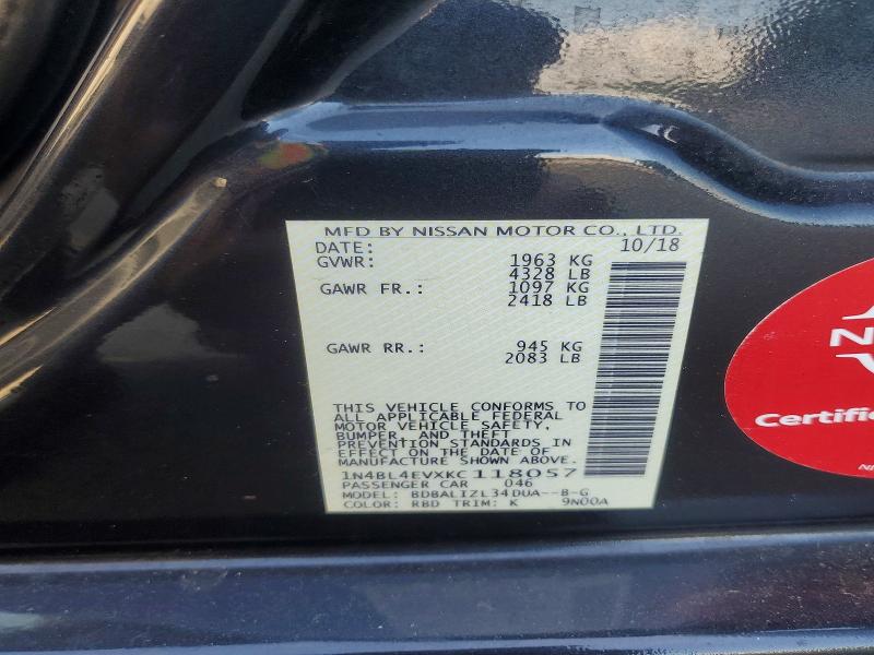 Aukcja sprzedaży 2019 Nissan Altima, vin: 1N4BL4EVXKC118057, numer aukcji: 57346326