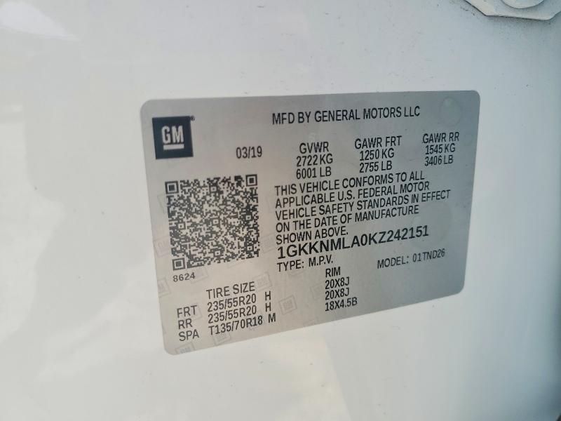 Aukcja sprzedaży 2019 Gmc Acadia, vin: 1GKKNMLA0KZ242151, numer aukcji: 55414526