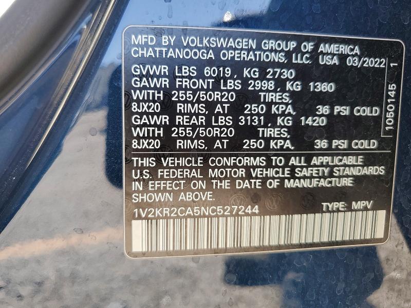 Aukcja sprzedaży 2022 Volkswagen Atlas, vin: 1V2KR2CA5NC527244, numer aukcji: 56722646