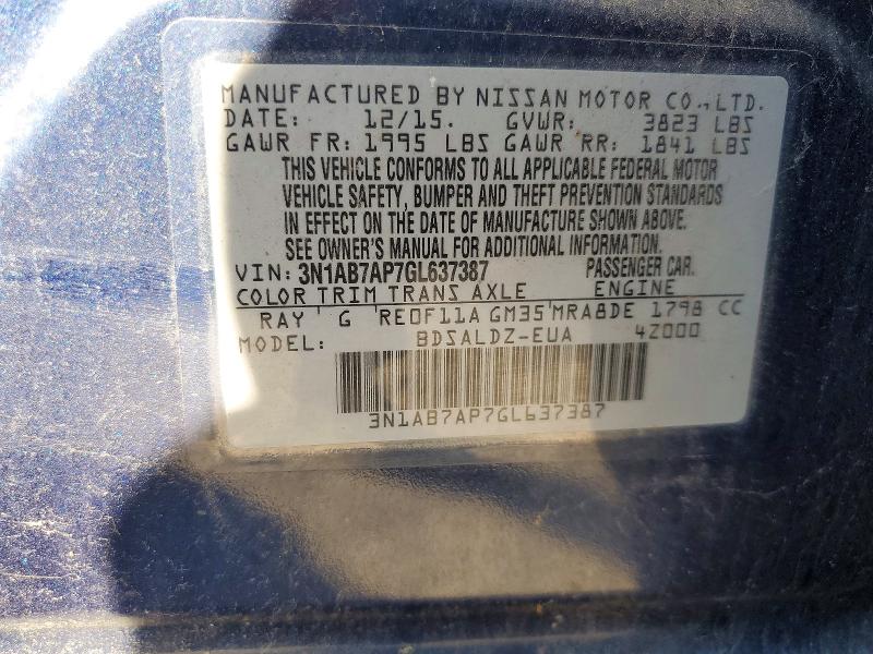 2016 Nissan Sentra მანქანა იყიდება აუქციონზე, vin: 3N1AB7AP7GL637387, აუქციონის ნომერი: 57767186