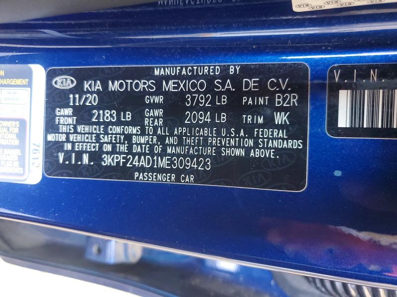2021 Kia Forte მანქანა იყიდება აუქციონზე, vin: 3KPF24AD1ME309423, აუქციონის ნომერი: 57121356