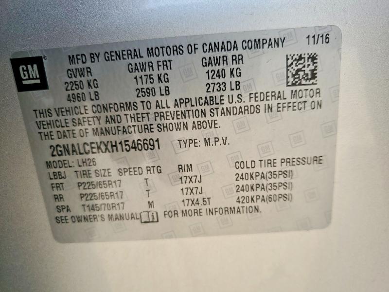 2017 Chevrolet Equinox მანქანა იყიდება აუქციონზე, vin: 2GNALCEKXH1546691, აუქციონის ნომერი: 55409086
