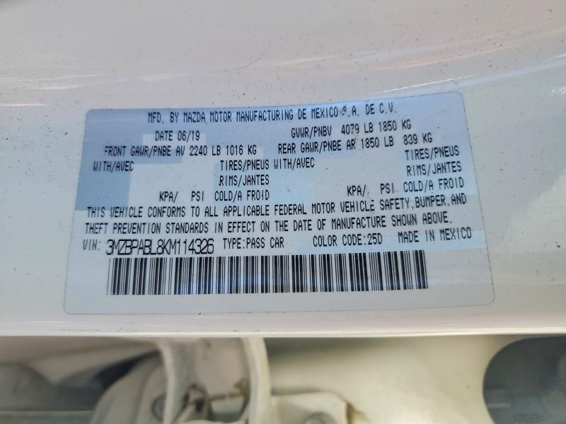 Продаж на аукціоні авто 2019 Mazda 3, vin: 3MZBPABL8KM114326, номер лоту: 56447046