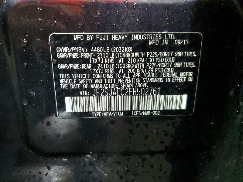 2014 Subaru Forester მანქანა იყიდება აუქციონზე, vin: JF2SJAEC2EH502761, აუქციონის ნომერი: 58451876