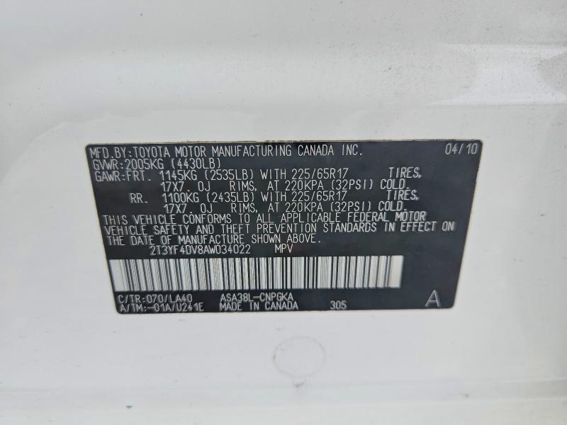 54947526 :رقم المزاد ، 2T3YF4DV8AW034022 vin ، 2010 Toyota Rav4 مزاد بيع
