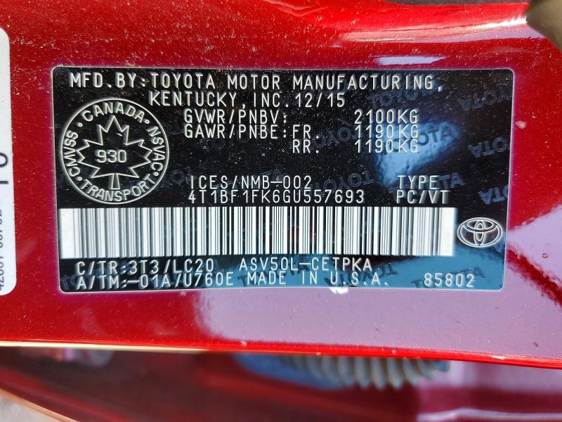 2016 Toyota Camry მანქანა იყიდება აუქციონზე, vin: 4T1BF1FK6GU557693, აუქციონის ნომერი: 56339496