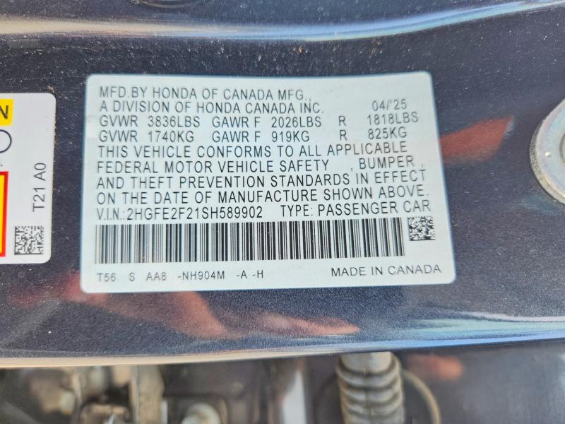 Продажа на аукционе авто 2025 Honda Civic, vin: 2HGFE2F21SH589902, номер лота: 57429536