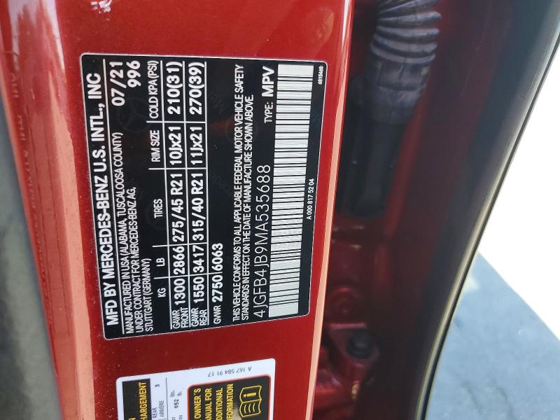 58095626 :رقم المزاد ، 4JGFB4JB9MA535688 vin ، 2021 Mercedes-benz Gle مزاد بيع