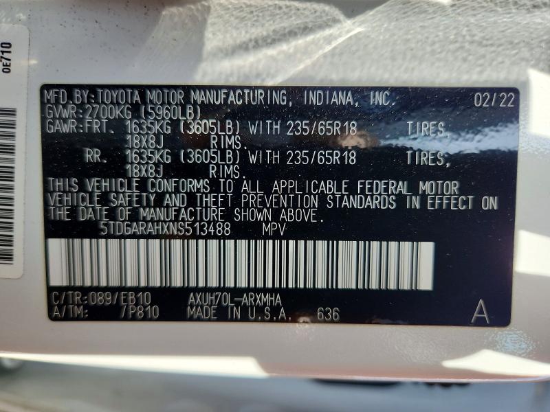 Продажа на аукционе авто 2022 Toyota Highlander Hybrid, vin: 5TDGARAHXNS513488, номер лота: 57047426