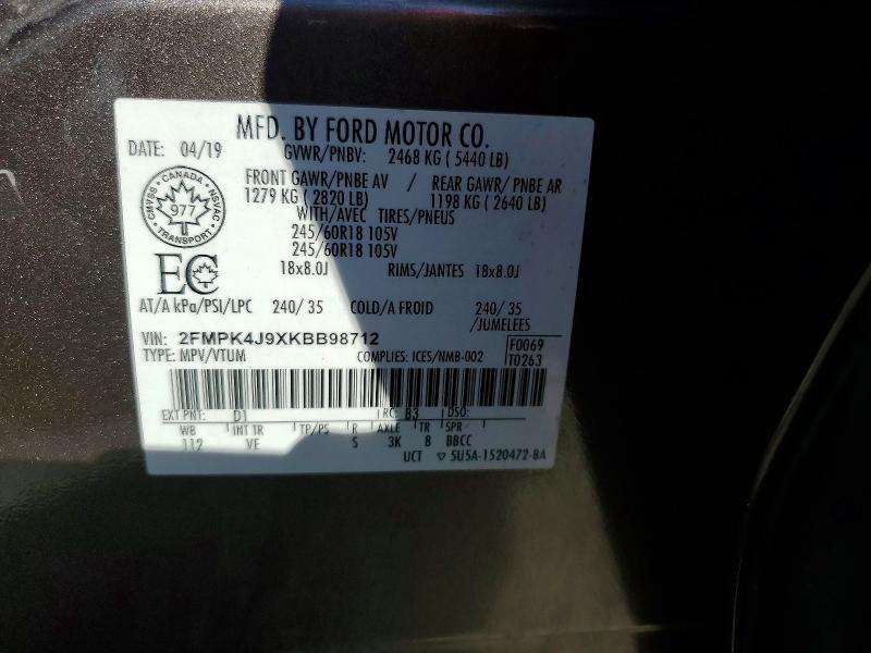 Продаж на аукціоні авто 2019 Ford Edge, vin: 2FMPK4J9XKBB98712, номер лоту: 55664896