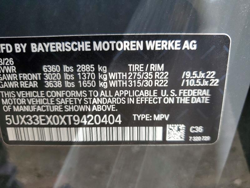 57232786 :رقم المزاد ، 5UX33EX0XT9420404 vin ، 2026 Bmw X6 مزاد بيع
