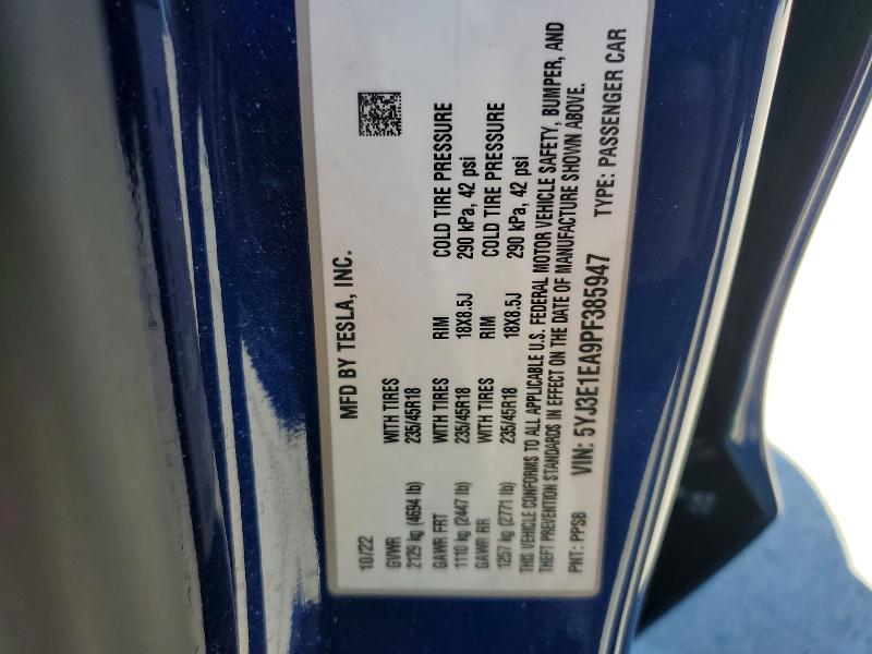 Продаж на аукціоні авто 2023 Tesla Model 3, vin: 5YJ3E1EA9PF385947, номер лоту: 59013196