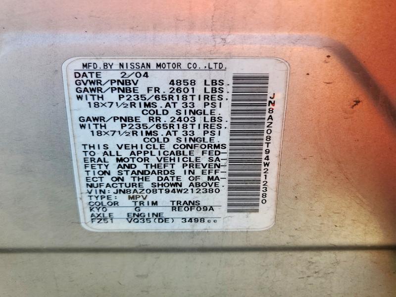 Aukcja sprzedaży 2004 Nissan Murano, vin: JN8AZ08T94W212380, numer aukcji: 57697486