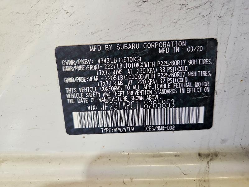 Aukcja sprzedaży 2020 Subaru Crosstrek, vin: JF2GTAPC1L8265853, numer aukcji: 59031996