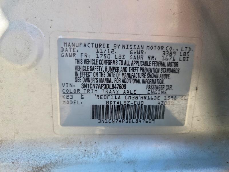 Продажа на аукционе авто 2013 Nissan Versa, vin: 3N1CN7AP3DL847609, номер лота: 56689626