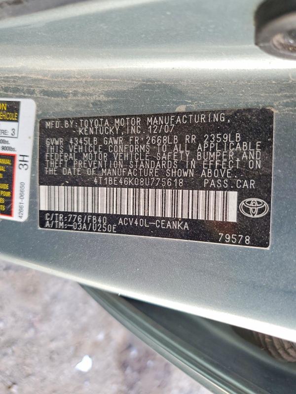 55833956 :رقم المزاد ، 4T1BE46K08U775618 vin ، 2008 Toyota Camry مزاد بيع