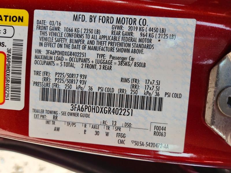Продажа на аукционе авто 2016 Ford Fusion, vin: 3FA6P0HDXGR402251, номер лота: 58281106