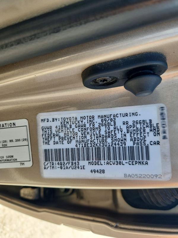Продаж на аукціоні авто 2003 Toyota Camry, vin: 4T1BE32KX3U124439, номер лоту: 58585566