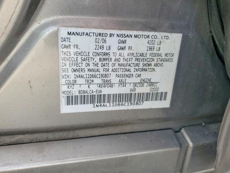 56346246 :رقم المزاد ، 1N4AL11D66C190807 vin ، 2006 Nissan Altima مزاد بيع