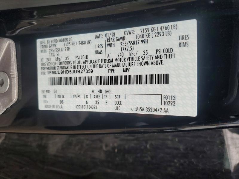2018 Ford Escape მანქანა იყიდება აუქციონზე, vin: 1FMCU9HD5JUB27359, აუქციონის ნომერი: 58611976