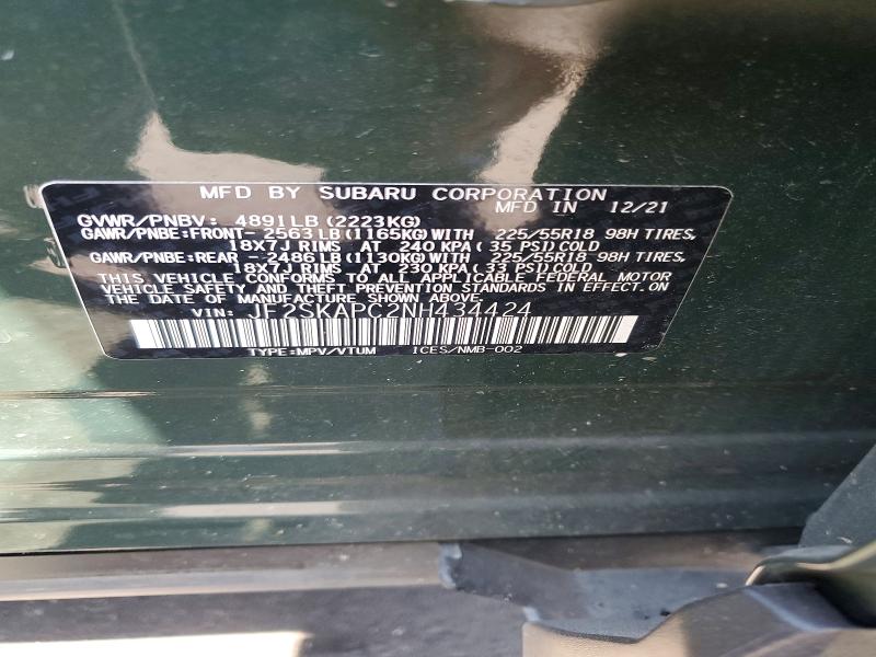 58626876 :رقم المزاد ، JF2SKAPC2NH434424 vin ، 2022 Subaru Forester مزاد بيع