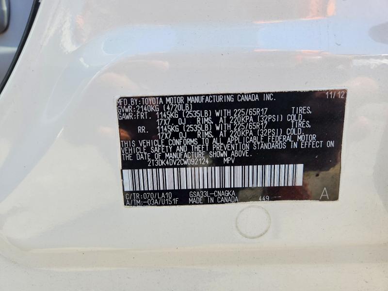 Aukcja sprzedaży 2012 Toyota Rav4, vin: 2T3DK4DV2CW092124, numer aukcji: 58190816