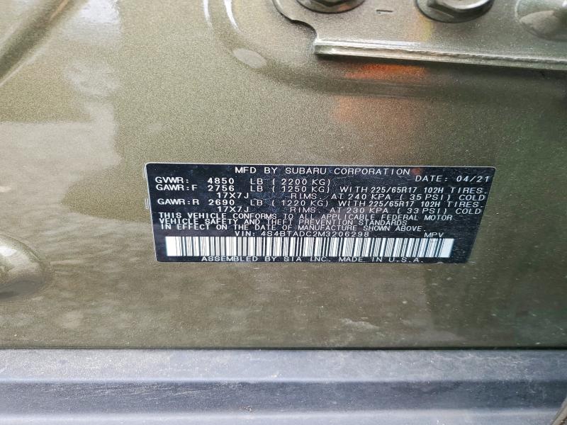57395006 :رقم المزاد ، 4S4BTADC2M3206298 vin ، 2021 Subaru Outback مزاد بيع