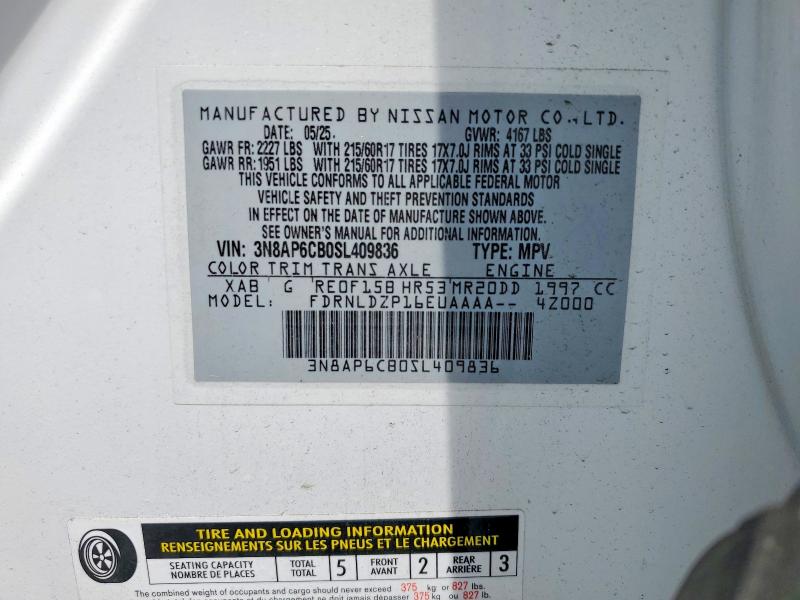2025 Nissan Kicks მანქანა იყიდება აუქციონზე, vin: 3N8AP6CB0SL409836, აუქციონის ნომერი: 57200596