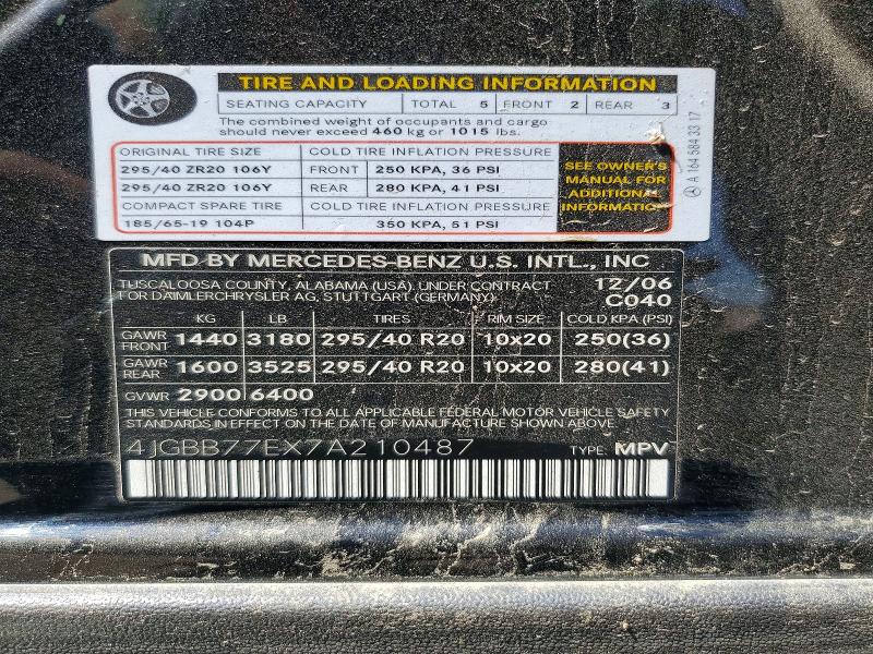Aukcja sprzedaży 2007 Mercedes-benz Ml, vin: 4JGBB77EX7A210487, numer aukcji: 57917376