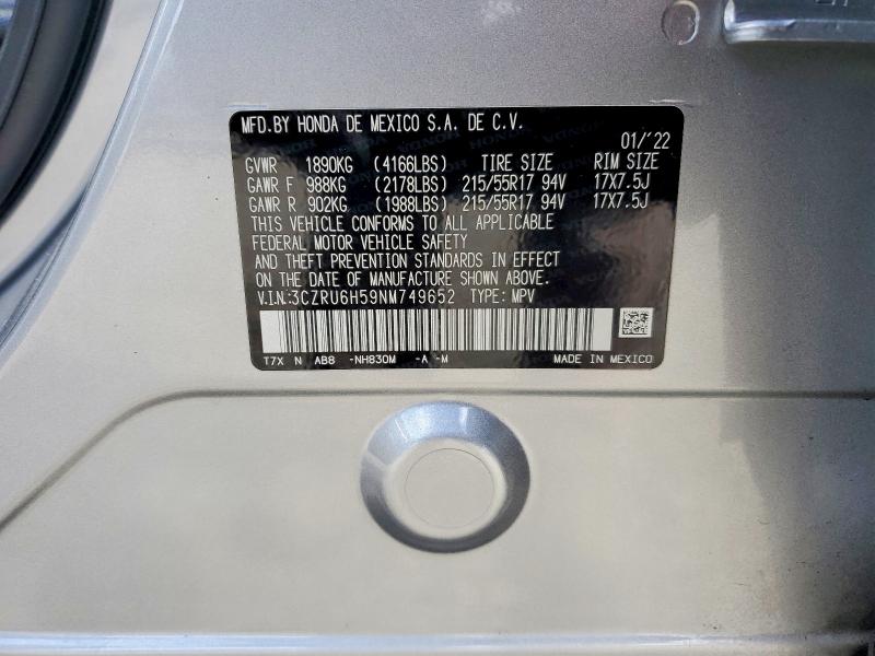 56320656 :رقم المزاد ، 3CZRU6H59NM749652 vin ، 2022 Honda Hr-v مزاد بيع