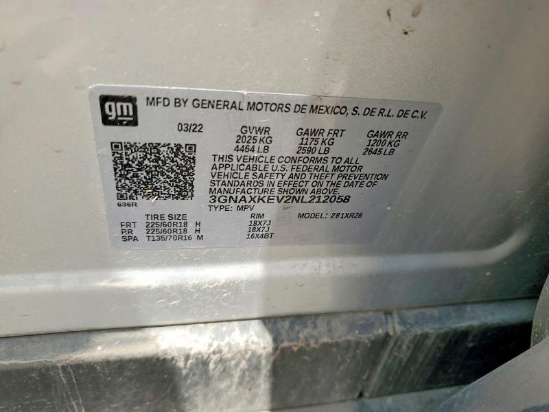 Aukcja sprzedaży 2022 Chevrolet Equinox, vin: 3GNAXKEV2NL212058, numer aukcji: 54541946