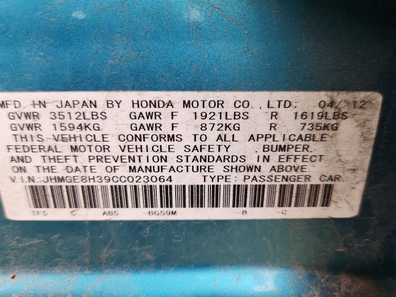 Aukcja sprzedaży 2012 Honda Fit, vin: JHMGE8H39CC023064, numer aukcji: 57517296