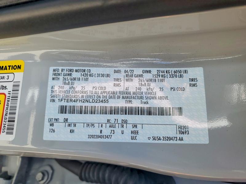 Продажа на аукционе авто 2022 Ford Ranger, vin: 1FTER4FH2NLD23455, номер лота: 58426416