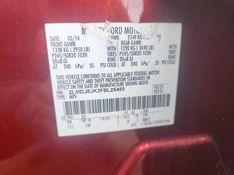 57733166 :رقم المزاد ، 2LMDJ8JK3FBL25455 vin ، 2015 Lincoln Mkx مزاد بيع