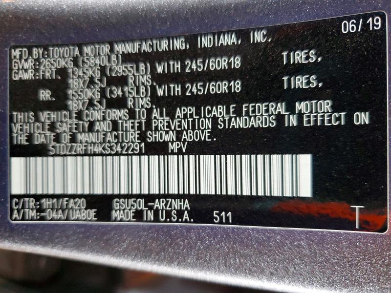 2019 Toyota Highlander მანქანა იყიდება აუქციონზე, vin: 5TDZZRFH4KS342291, აუქციონის ნომერი: 55755316