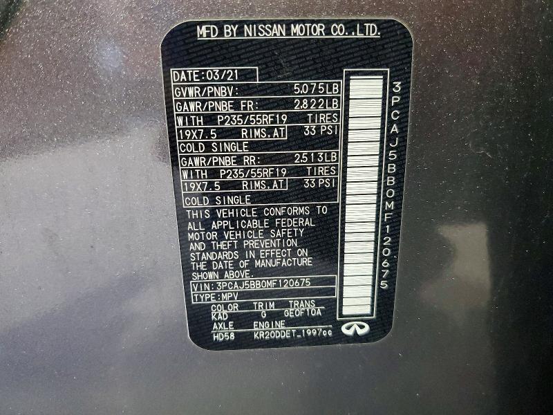 57966696 :رقم المزاد ، 3PCAJ5BB0MF120675 vin ، 2021 Infiniti Qx50 مزاد بيع