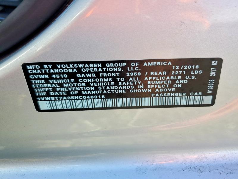 Продажа на аукционе авто 2017 Volkswagen Passat, vin: 1VWBT7A35HC046318, номер лота: 56854206