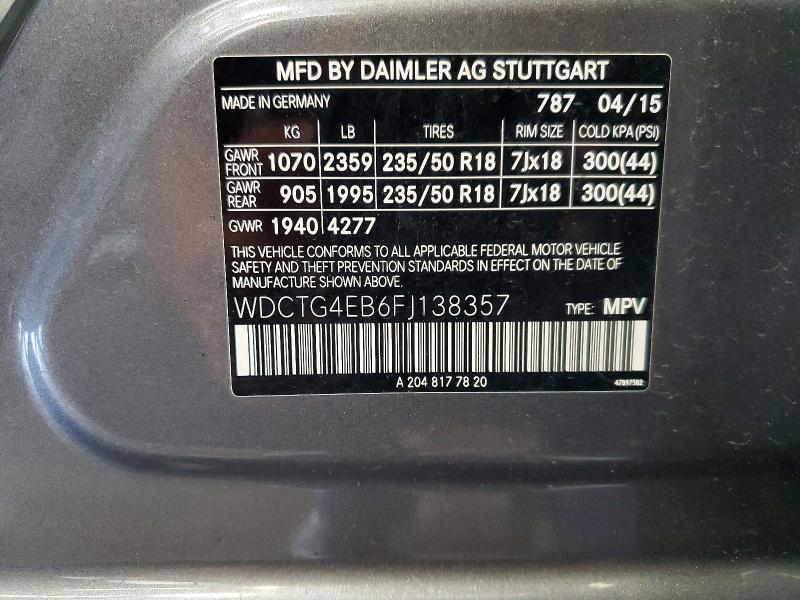 56866686 :رقم المزاد ، WDCTG4EB6FJ138357 vin ، 2015 Mercedes-benz Gla مزاد بيع