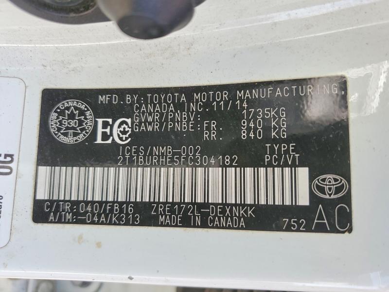 Продаж на аукціоні авто 2015 Toyota Corolla, vin: 2T1BURHE5FC304182, номер лоту: 54830656