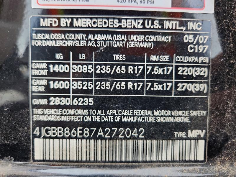 Auction sale of the 2007 Mercedes-benz Ml, vin: 4JGBB86E87A272042, lot number: 57260976