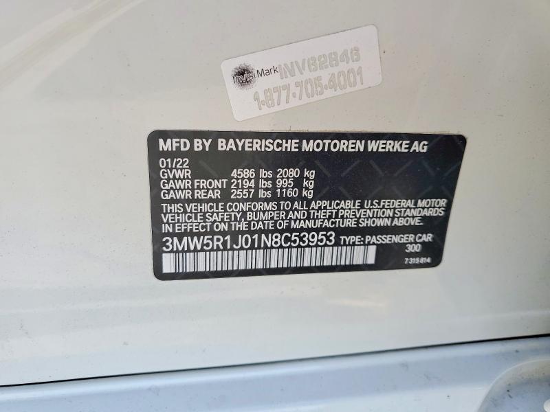 Aukcja sprzedaży 2022 Bmw 330i, vin: 3MW5R1J01N8C53953, numer aukcji: 57598866