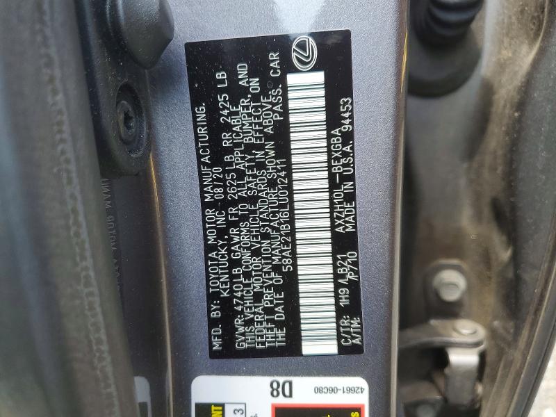 2020 Lexus Es მანქანა იყიდება აუქციონზე, vin: 58AE21B16LU012411, აუქციონის ნომერი: 58027566