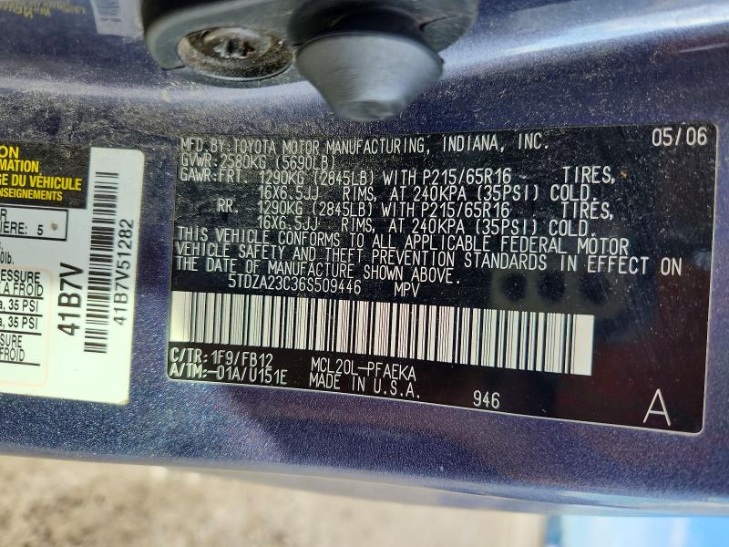 2006 Toyota Sienna მანქანა იყიდება აუქციონზე, vin: 5TDZA23C36S509446, აუქციონის ნომერი: 56758846