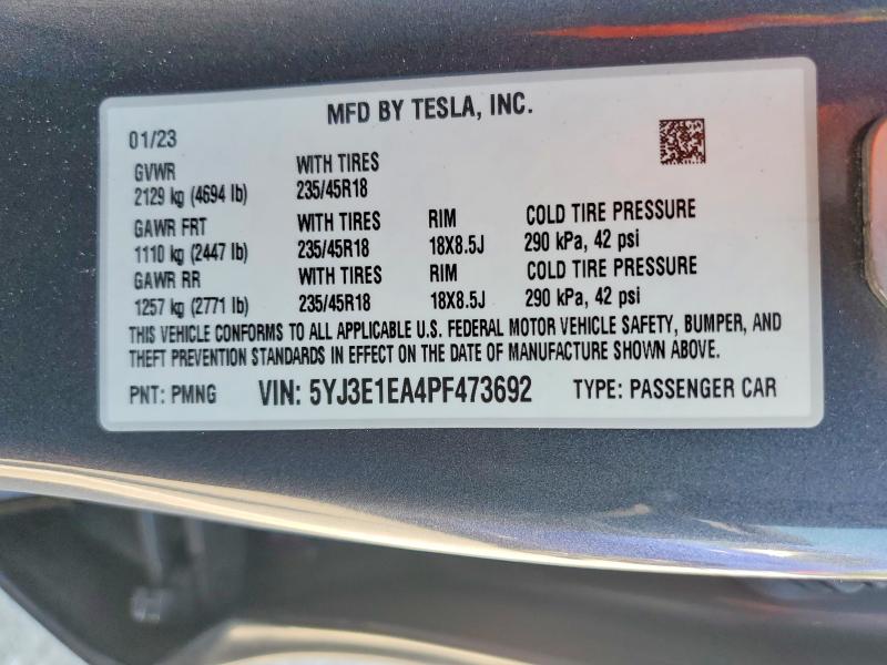 57952286 :رقم المزاد ، 5YJ3E1EA4PF473692 vin ، 2023 Tesla Model 3 مزاد بيع