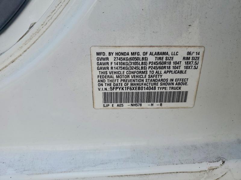 2014 Honda Ridgeline მანქანა იყიდება აუქციონზე, vin: 5FPYK1F6XEB014048, აუქციონის ნომერი: 57563536