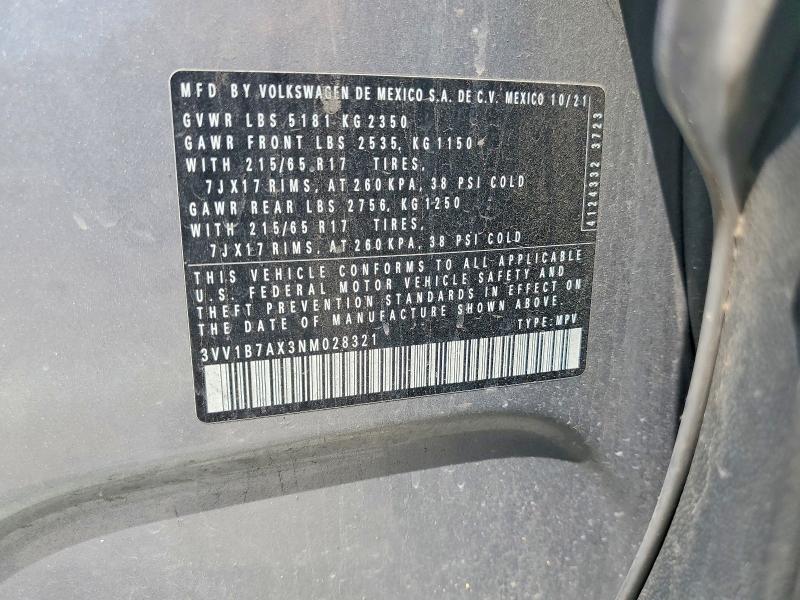 2022 Volkswagen Tiguan მანქანა იყიდება აუქციონზე, vin: 3VV1B7AX3NM028321, აუქციონის ნომერი: 57874096