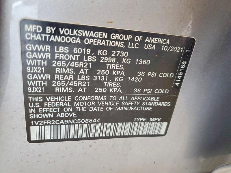 56854096 :رقم المزاد ، 1V2FR2CA9NC508844 vin ، 2022 Volkswagen Atlas مزاد بيع